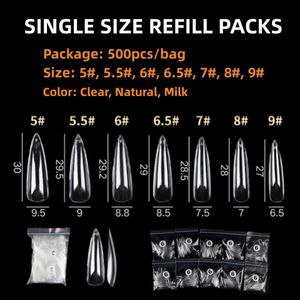 500pcs Couverture complète Long Stiletto Faux Nails Recharge Packs Single Taille 5 # 5.5 # 6 # 7 # 8 # FALSIONS FAKE Nail Art Tips Salon Manucure 231227