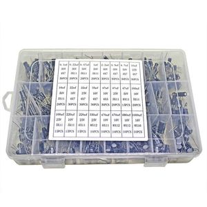 500 unids/lote 0,1 UF-1000UF 24 valores condensadores electrolíticos de aluminio 16-50V condensador mixto kit surtido y caja de almacenamiento