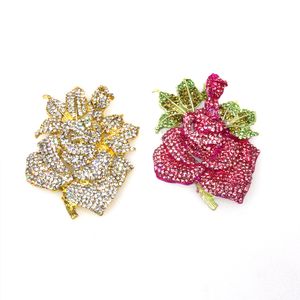 Broche de flor rosa de 55mm, broches de cristal con diamantes de imitación verdes y rosas en tono dorado, hermosos y elegantes alfileres de plantas para mujer