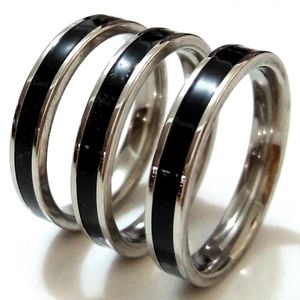 50pcs émail noir 4mm argent en acier inoxydable anneaux de mariage hommes femmes mode bague en gros bijoux à la mode vente cadeau de fête