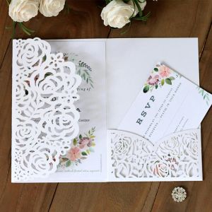 Carte d'invitation de Mariage avec roses découpées au Laser, 50 pièces, avec cartes RSVP, enveloppe personnalisée, fourniture pour fête d'anniversaire, Mariage, baptême
