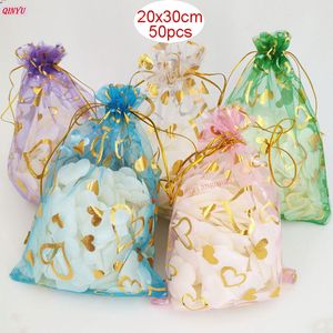 Grands sacs en Organza 20x30CM, 50 pièces/lot, pochettes à bijoux ou emballage de bonbons de mariage, sac cadeau 7ZSH328