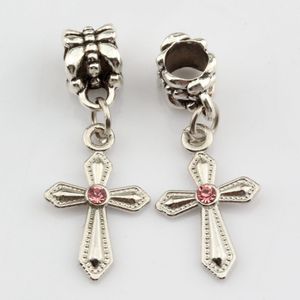 100 Uds. Colgantes de Cruz en forma de espada de diamantes de imitación rosas para hacer joyas, pulsera, collar, accesorios DIY 12x30mm