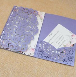 50 juegos de invitaciones de boda románticas de color púrpura con tarjetas Rsvp, tarjeta de decoración de fiesta, invitación de cumpleaños nupcial, corte por láser Invi5289545