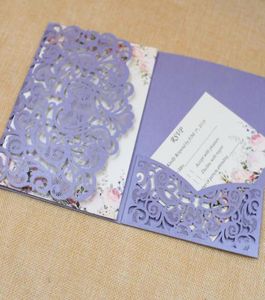 50sets invitations de mariage romantiques violettes avec cartes RSVP Carte de décoration de fête de mariage anniversaire de mariée invitation laser coup