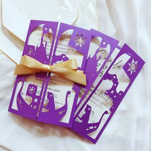 50x Cartes de voeux de mariage Princet Princess Privrizel Purple Princess avec ruban d'or et enveloppe Quinceanera invite 240328