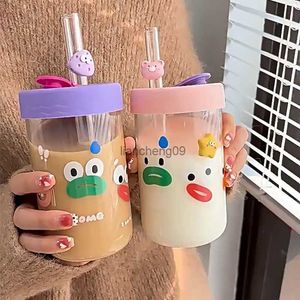 Taza de cristal de dibujos animados Kawaii de 550 ml con tapa y pajita, taza de té con burbujas, taza de café, vaso de jugo, lata de cerveza, leche, moca, tazas de agua, vasos L230620