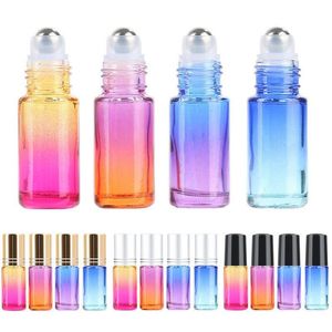 Botellas de vidrio de color degradado de 5 ml Perfume Botella de rodillo de aceite esencial con contenedor de bolas de rodillo de acero inoxidable para uso en viajes en el hogar Ujwbb