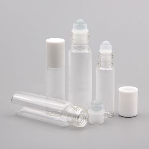 5 botellas de rodillo transparentes de 10 ML con bola de cristal para aceite esencial, botellas de cristal de perfume con tapas blancas, tamaño de viaje