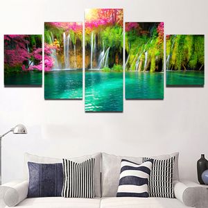 5pcs Paysage Natural Waterfall Canvas Peinture Green Tree Lake Le lac Feuille et imprimés Images d'art mural Décor de maison sans cadre