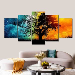 Juego de 5 uds de árboles coloridos de noche abstracta, pintura en lienzo, carteles de paisaje moderno e impresiones, arte de pared para decoración del hogar