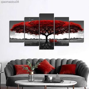 5pcs / Set Abstract Red Trees Canvas Paintings Modern Landscape Posters e Print Wall Art Picture para la decoración de la sala de estar del hogar L230704