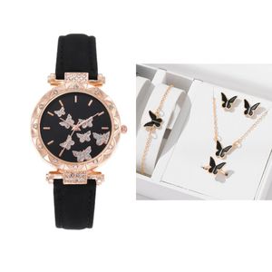 5 pièces/ensemble montre de luxe femmes bague collier boucles d'oreilles Bracelet ensemble montres papillon Bracelet en cuir dames montre-Bracelet à Quartz