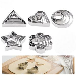 5 unids/set de moldes para hornear de acero inoxidable, galleta, molde DIY, estrella, corazón, triángulo redondo, forma de flor, cortador, molde para hornear, embalaje de tarjeta