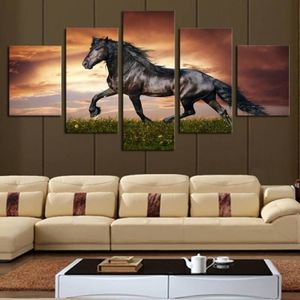 5 pièces ensemble sans cadre en cours d'exécution cheval noir peinture animale sur toile mur Art peinture Art photo pour salon Decor297w