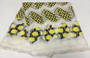 5 yardas / pc Maravilloso estilo amarillo bordado de encaje de seda de leche africana y tela de algodón púrpura para vestido BM34221V7005779