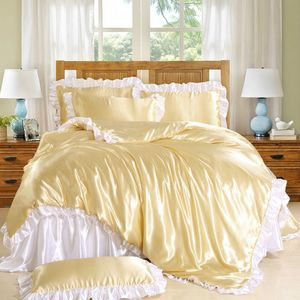 6 colores Ropa de cama de princesa Precio al por mayor Satén Seda Rosa Oro Blanco Sábana Juegos de edredón 50% de descuento