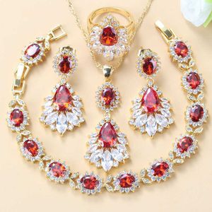 Costume de mariage pour femmes, 6 couleurs, qualité AAA +, rouge grenat, blanc, cristal, jaune, or, grands ensembles de bijoux en quatre pièces pour femmes, H1022