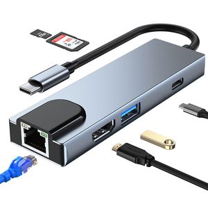 Hub USB C 6 en 1 type-c vers HDMI 4K Rj45 100M SD/TF PD chargeant l'adaptateur USB type-c en alliage d'aluminium pour des performances optimales