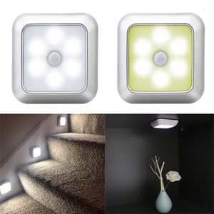 6 LED Luces nocturnas con sensor de movimiento cuadrado Inducción PIR debajo de la batería Luz del gabinete Lámpara de armario Escaleras Cocina Dormitorio Lámparas de decoración del hogar