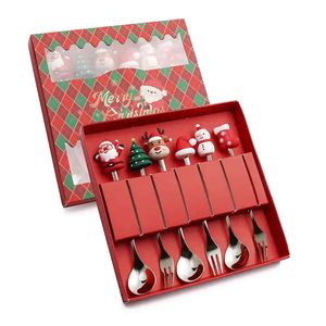 6 piezas de oro cuchara de Navidad tenedor con caja de regalo de acero inoxidable mini cuchara agitadora tenedor adorno decoración de fiesta vajilla de cocina