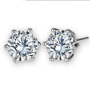 6-prong Settings Clear Zircon 18K White Gold Filled Classic Style Women Mens Stud Earrings Simple Gift