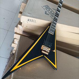 Guitare électrique V noire à 6 cordes, avec bande jaune, matériel Floyd Rose or, touche en palissandre personnalisable