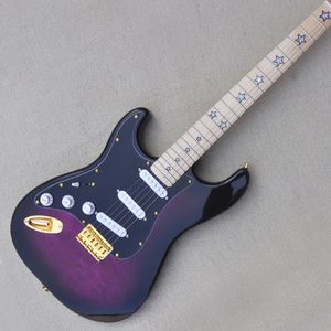 Guitarra eléctrica de mano izquierda morada de 6 cuerdas con chapa de arce acolchada, pastillas SSS, golpeador negro personalizable