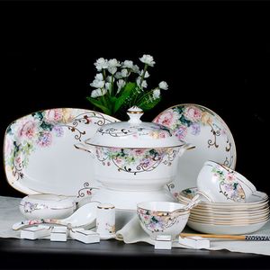 60 Pcs Porcelain Dinnerware Sets With Gold Edge Peony Pattern Dinner Plates Wedding Gift Restaurant Hotel Set