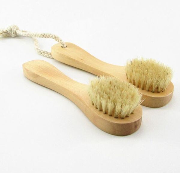 Natural bristle facial brush with wooden handle for exfoliation and dry brushing