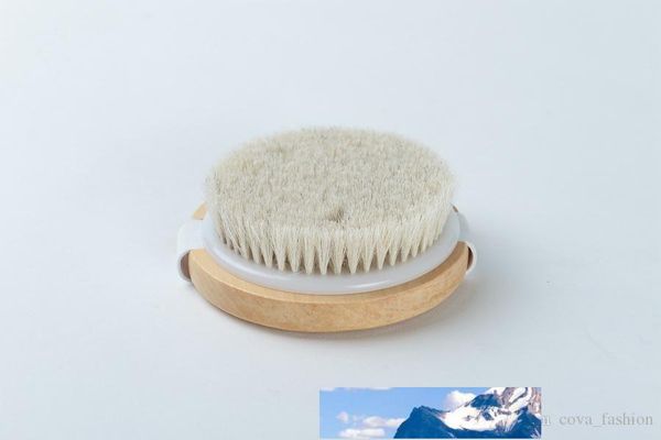Round natural horsehair body brush for dry skin, spa massage, and shower use, featuring a wooden handle-free design