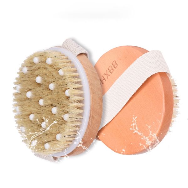 Wooden bath brush with natural bristles and massage points for spa-like shower experience