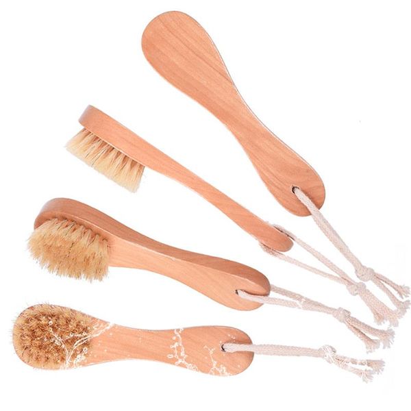 Boar bristle facial brush for women and men with wooden handle, oval shape, massage feature, natural fine bristles, and hanging rope