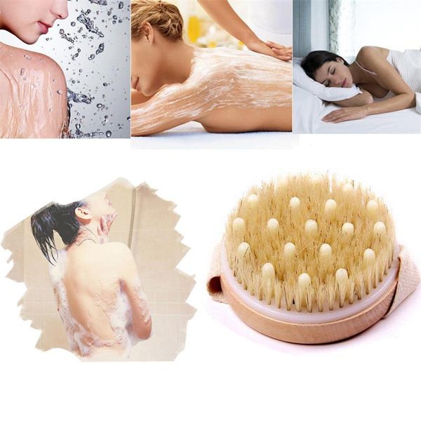 Wooden bath brush with natural bristles for body exfoliation and spa-like skin cleansing