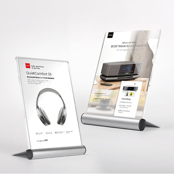 Cheap wholesale frameless metal poster frames, aluminum L-shaped table frames, and acrylic menu stand holders