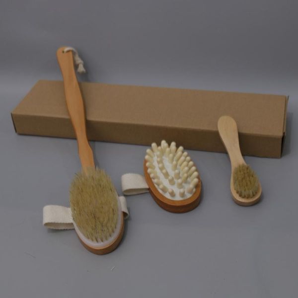 3-piece bath brush set for dry skin with soft natural bristles and removable wooden handle