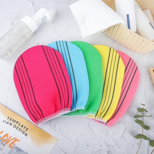 Korean exfoliating bath glove for body and facial scrub, tan removal, massage, and peeling with textured grain towel