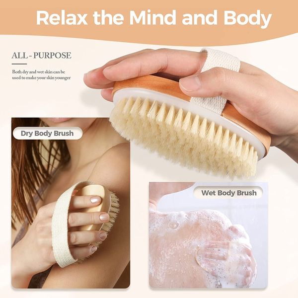 Natural boar bristle bath brush for dry skin, spa body cleansing with stiff wooden shower brush to exfoliate and reduce cellulite