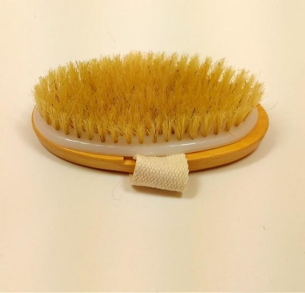 Natural oval bristle brush with wooden handle for shower massage and body cleansing