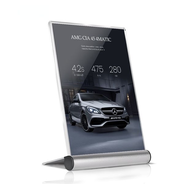 Acrylic tabletop display stand with aluminum base for product price tags and labels