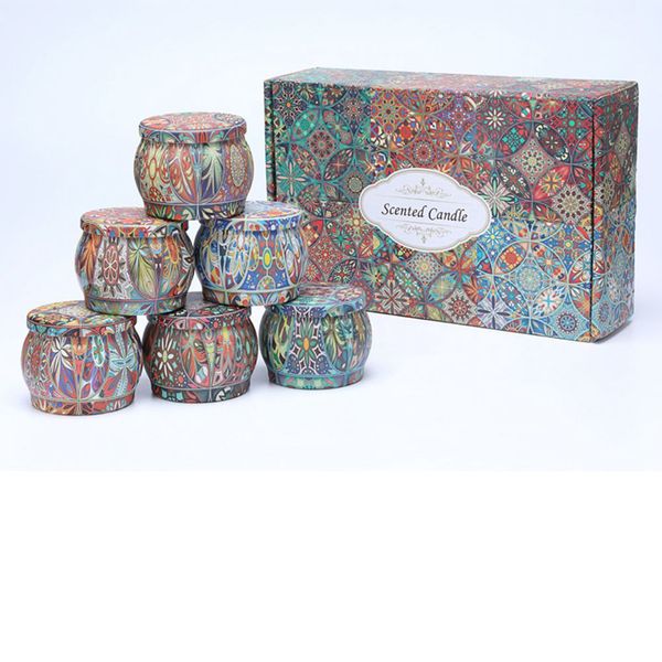 Scented Candles Art offers a set of 6 metal candle jars with fragrances like gardenia, lavender, vanilla, rosemary, lemon, and jasmine, made from soy wax, perfect for weddings and Valentine's Day