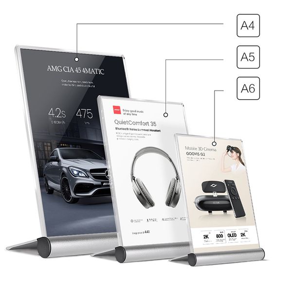 Free Samples of A4, A5, A6 Aluminum L-Shaped Acrylic Tabletop Display Stands for Product Price Cards