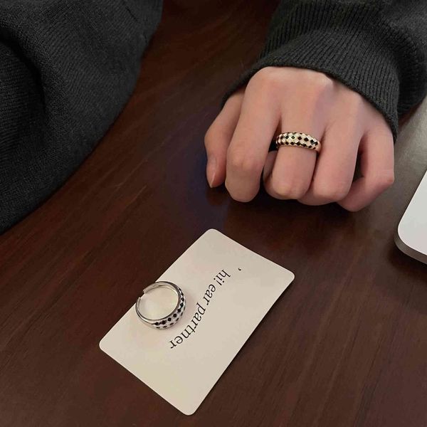 925 Sterling Silver Adjustable Checkerboard Drop Ring with Glaze Opening for Women, Minority-Inspired Cool Personalized Design