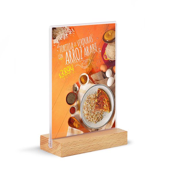 High-quality A5 clear acrylic tabletop menu holder for restaurants, featuring a wooden base and plastic upright design