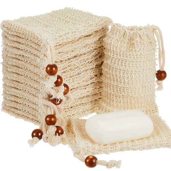 Natural sisal soap pouch with drawstring for exfoliating, foaming, and drying soaps during shower massage