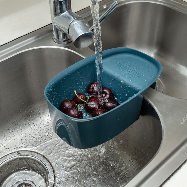 Kitchen sink strainer rack for sponge and produce storage with suction cup filter shelf
