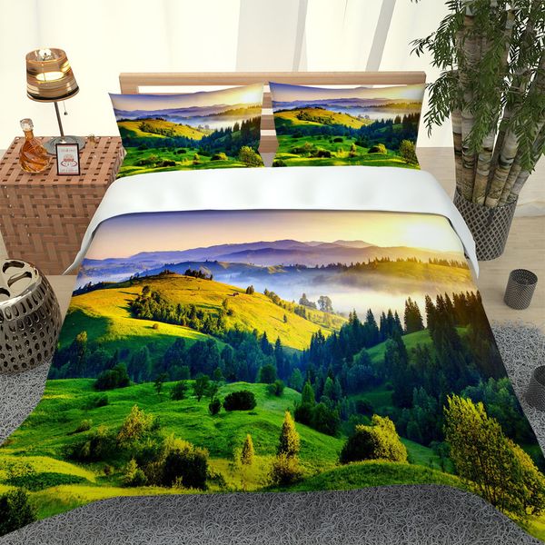 3D bedding set featuring a green landscape design, includes duvet cover and pillowcases for single, double, queen or king beds