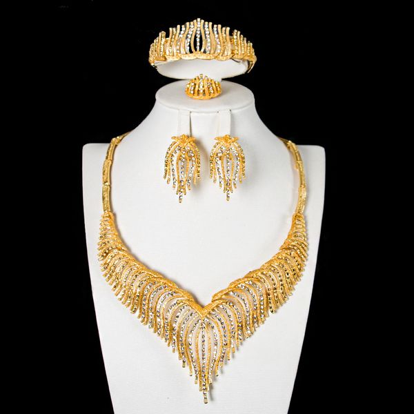 Four-piece jewelry set with 18K gold-plated alloy necklace, bracelet, earrings, and ring