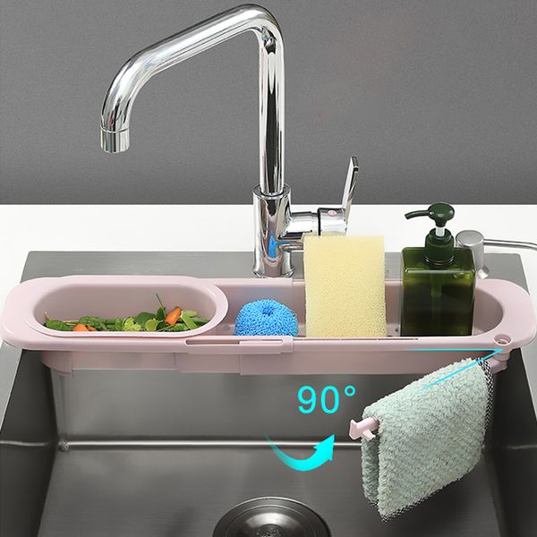 Adjustable kitchen sink organizer with telescopic rack for soap, sponge, and drainer storage