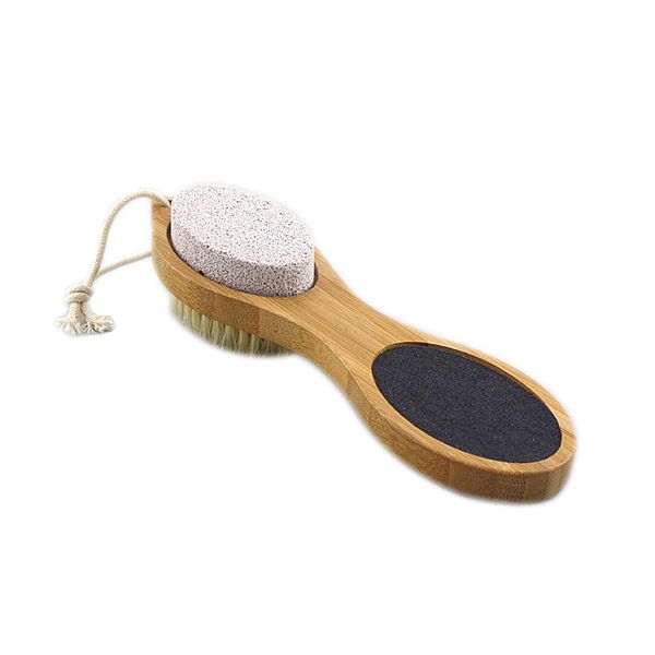 Natural boar bristle and pumice stone foot scrubber for exfoliating dead skin

Wooden foot massager brush with boar bristles and pumice exfoliator

Exfoliating foot brush featuring natural boar bri...
